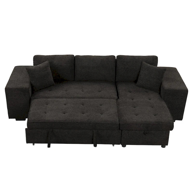 Canapé convertible 3 places en L de 104,5 po gris anthracite avec lit gigogne, méridienne de rangement et 2 poufs pour salon