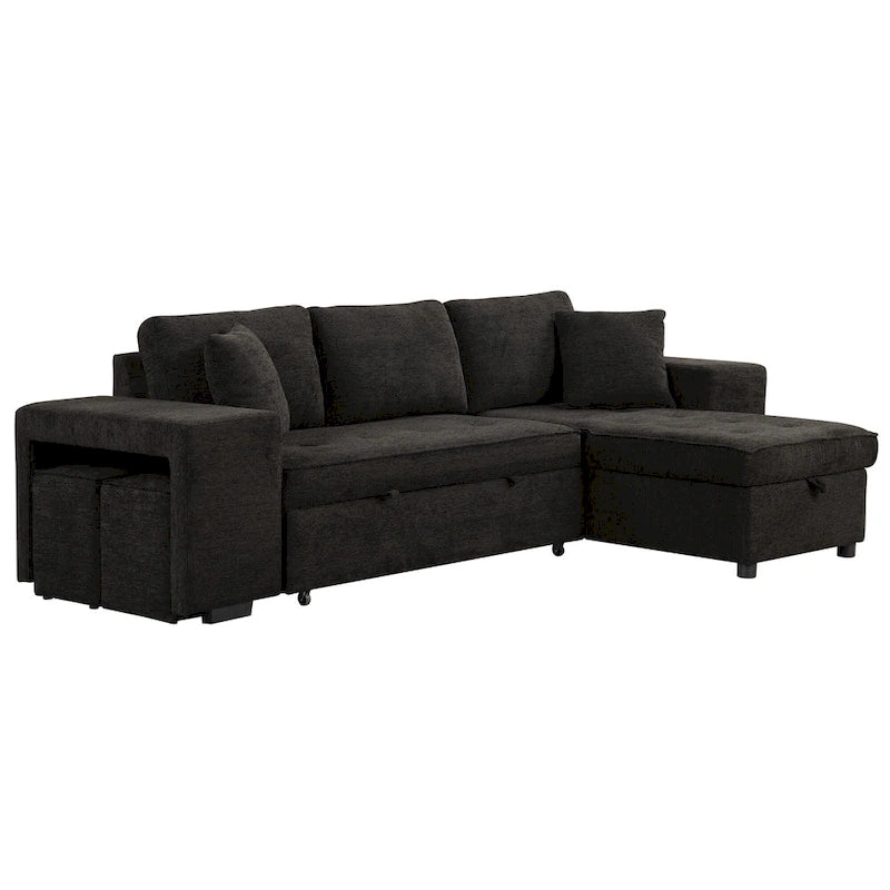 Canapé convertible 3 places en L de 104,5 po gris anthracite avec lit gigogne, méridienne de rangement et 2 poufs pour salon