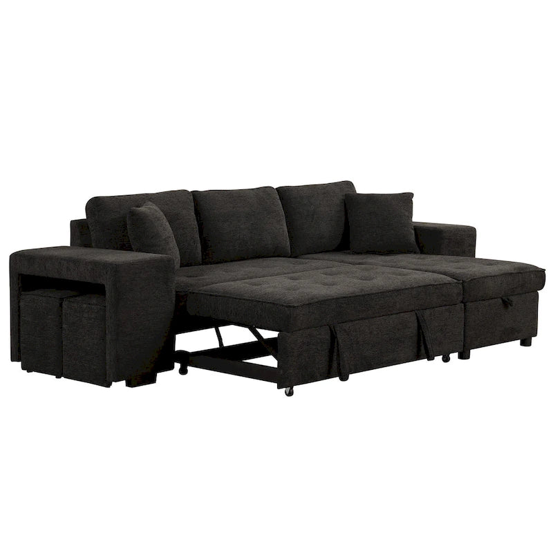 Canapé convertible 3 places en L de 104,5 po gris anthracite avec lit gigogne, méridienne de rangement et 2 poufs pour salon