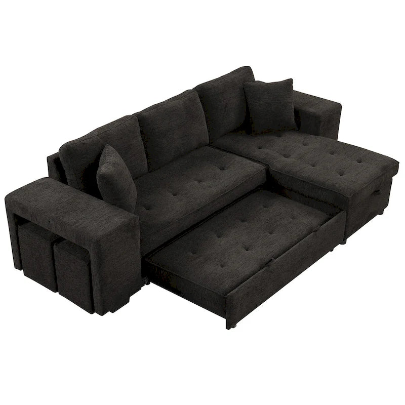 Canapé convertible 3 places en L de 104,5 po gris anthracite avec lit gigogne, méridienne de rangement et 2 poufs pour salon