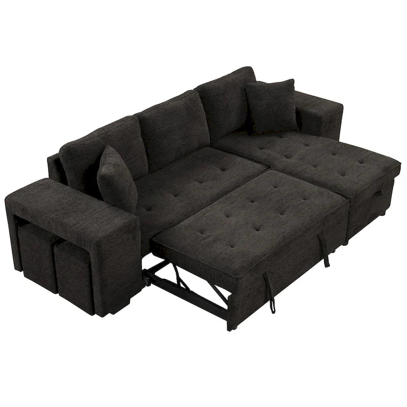 Canapé convertible 3 places en L de 104,5 po gris anthracite avec lit gigogne, méridienne de rangement et 2 poufs pour salon