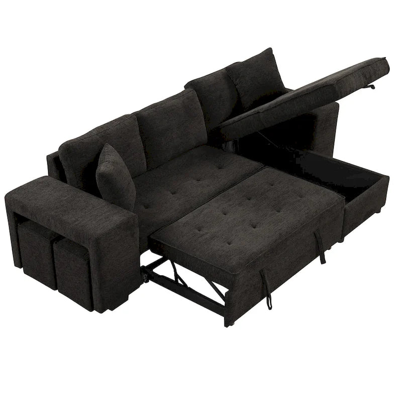 Canapé convertible 3 places en L de 104,5 po gris anthracite avec lit gigogne, méridienne de rangement et 2 poufs pour salon
