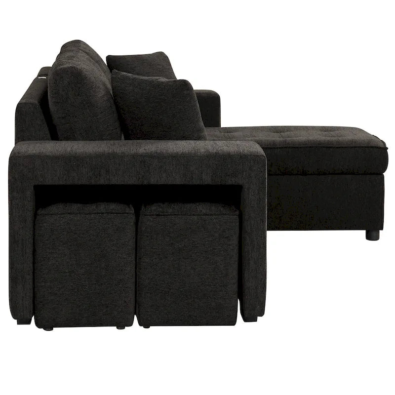 Canapé convertible 3 places en L de 104,5 po gris anthracite avec lit gigogne, méridienne de rangement et 2 poufs pour salon