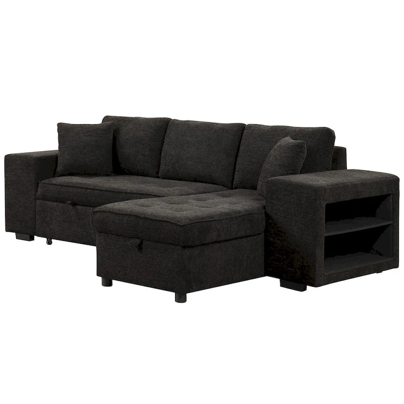 Canapé convertible 3 places en L de 104,5 po gris anthracite avec lit gigogne, méridienne de rangement et 2 poufs pour salon