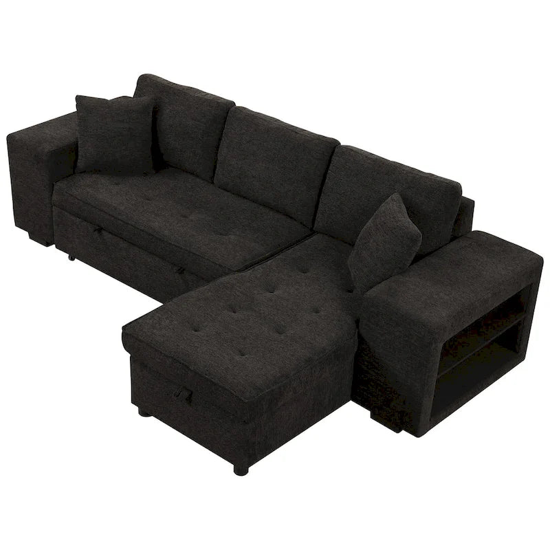 Canapé convertible 3 places en L de 104,5 po gris anthracite avec lit gigogne, méridienne de rangement et 2 poufs pour salon