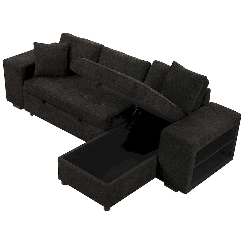 Canapé convertible 3 places en L de 104,5 po gris anthracite avec lit gigogne, méridienne de rangement et 2 poufs pour salon