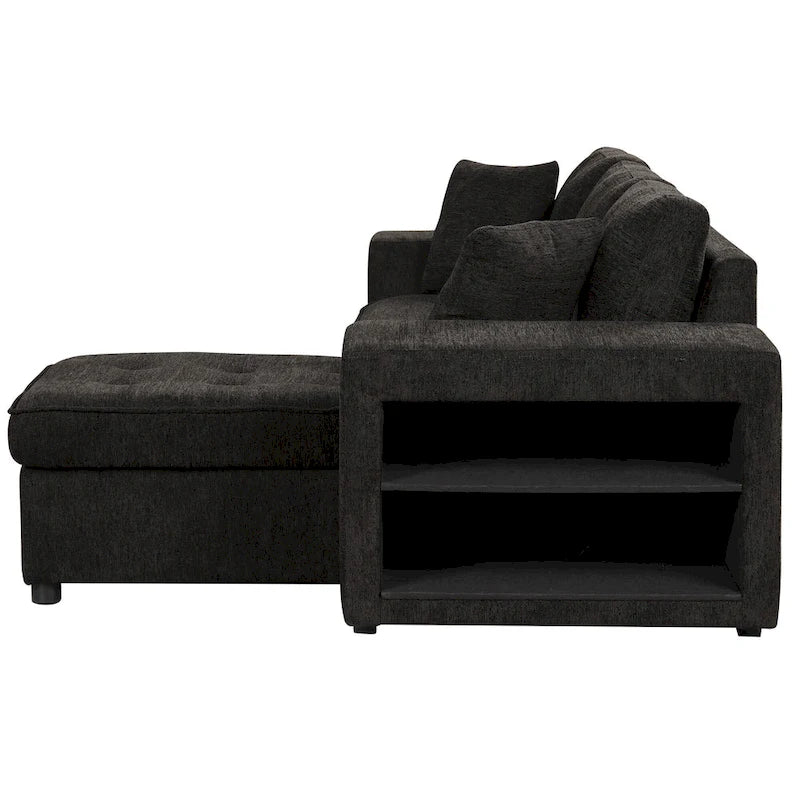 Canapé convertible 3 places en L de 104,5 po gris anthracite avec lit gigogne, méridienne de rangement et 2 poufs pour salon