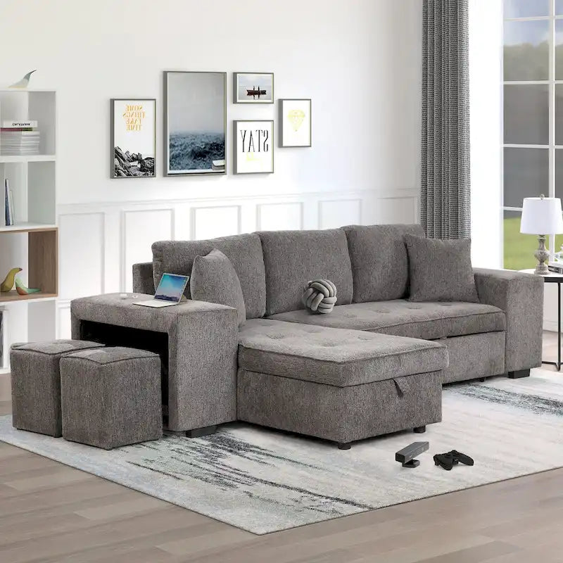 Canapé convertible 3 places en L de 104,5 po gris anthracite avec lit gigogne, méridienne de rangement et 2 poufs pour salon