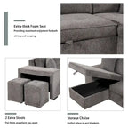 Canapé convertible 3 places en L de 104,5 po gris anthracite avec lit gigogne, méridienne de rangement et 2 poufs pour salon