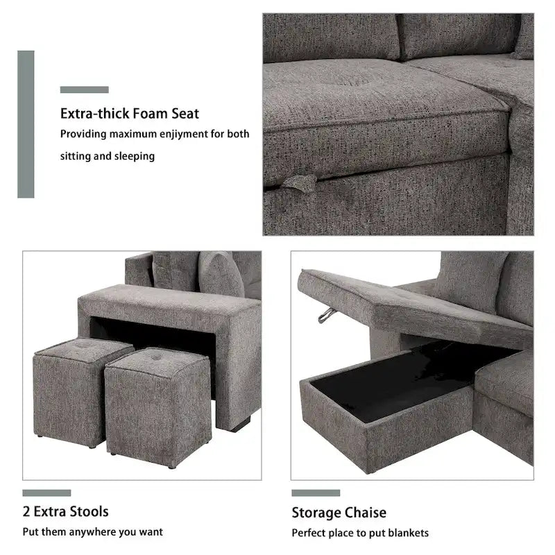 Canapé convertible 3 places en L de 104,5 po gris anthracite avec lit gigogne, méridienne de rangement et 2 poufs pour salon