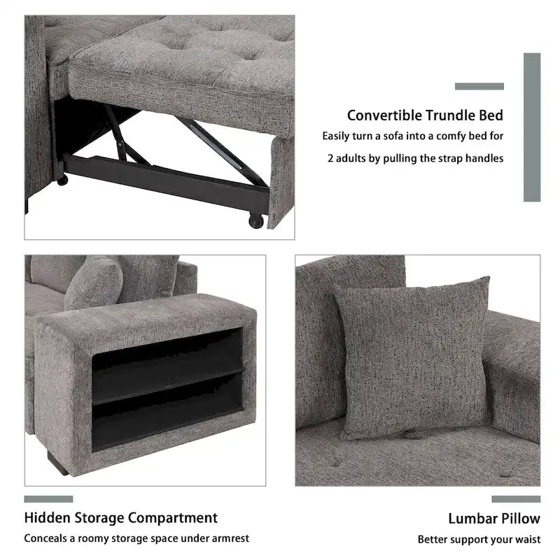 Canapé convertible 3 places en L de 104,5 po gris anthracite avec lit gigogne, méridienne de rangement et 2 poufs pour salon