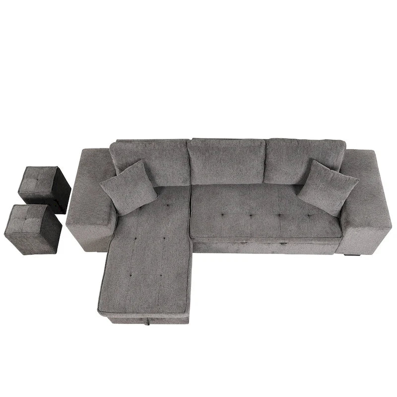 Canapé convertible 3 places en L de 104,5 po gris anthracite avec lit gigogne, méridienne de rangement et 2 poufs pour salon