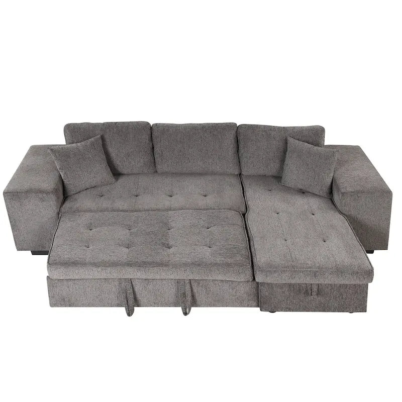 Canapé convertible 3 places en L de 104,5 po gris anthracite avec lit gigogne, méridienne de rangement et 2 poufs pour salon