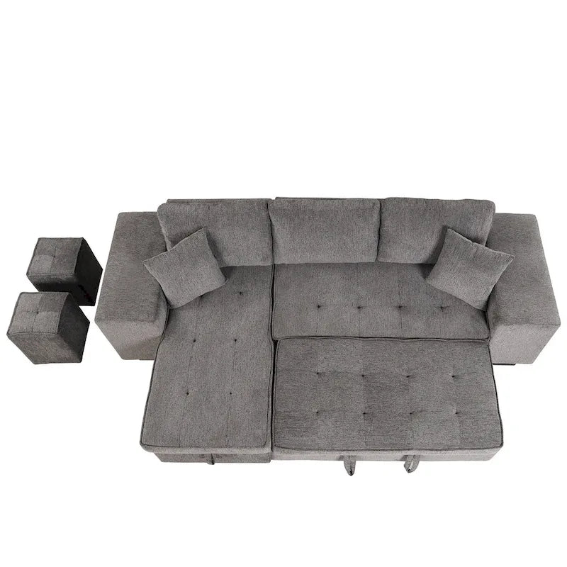 Canapé convertible 3 places en L de 104,5 po gris anthracite avec lit gigogne, méridienne de rangement et 2 poufs pour salon