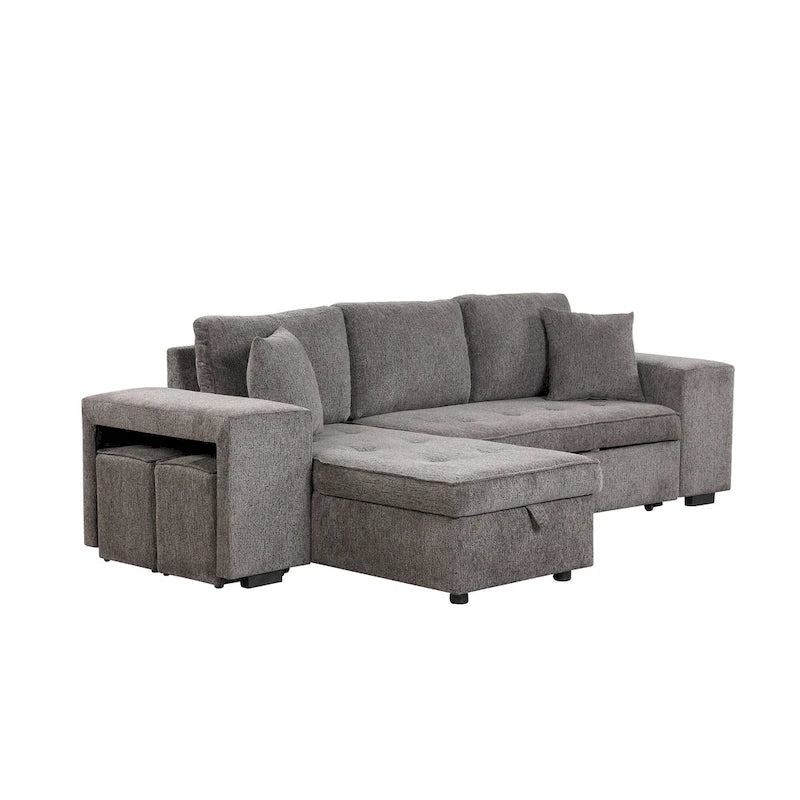 Canapé convertible 3 places en L de 104,5 po gris anthracite avec lit gigogne, méridienne de rangement et 2 poufs pour salon