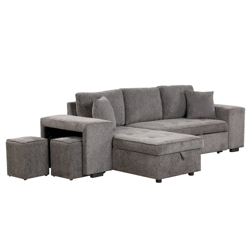Canapé convertible 3 places en L de 104,5 po gris anthracite avec lit gigogne, méridienne de rangement et 2 poufs pour salon
