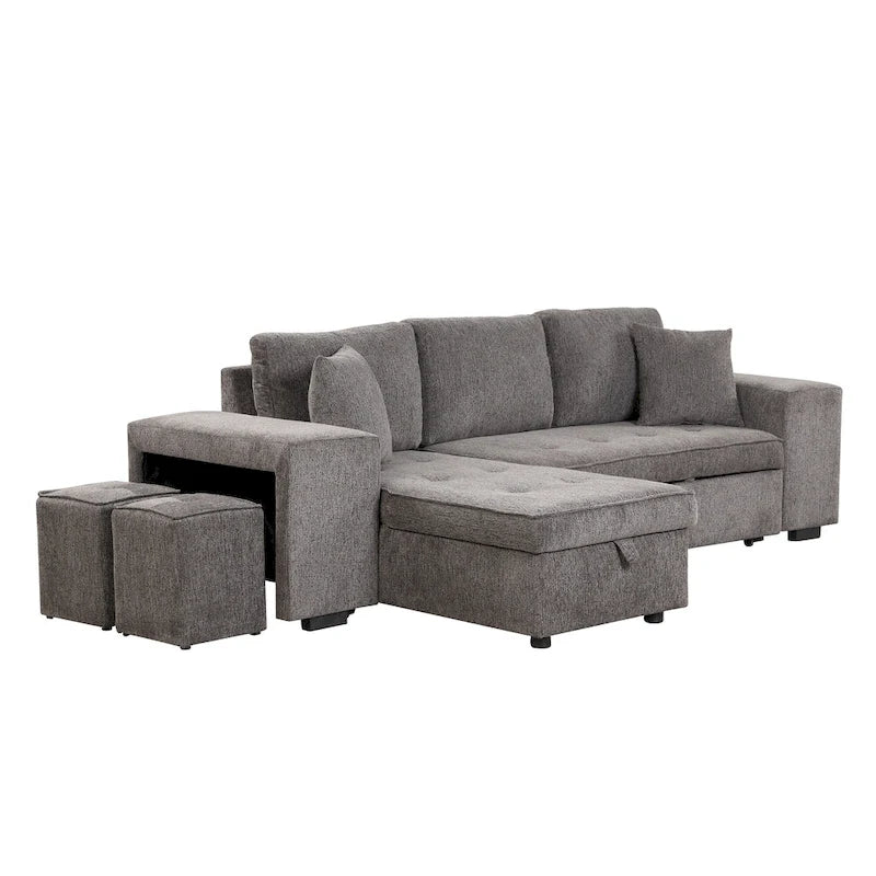 Canapé convertible 3 places en L de 104,5 po gris anthracite avec lit gigogne, méridienne de rangement et 2 poufs pour salon