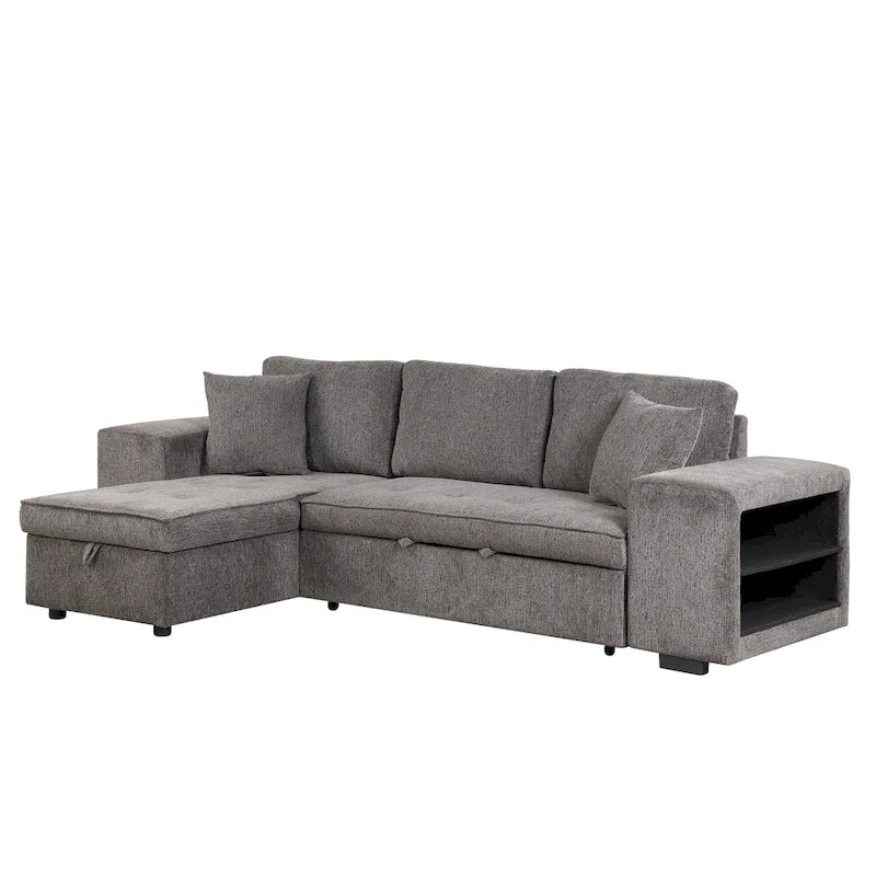 Canapé convertible 3 places en L de 104,5 po gris anthracite avec lit gigogne, méridienne de rangement et 2 poufs pour salon
