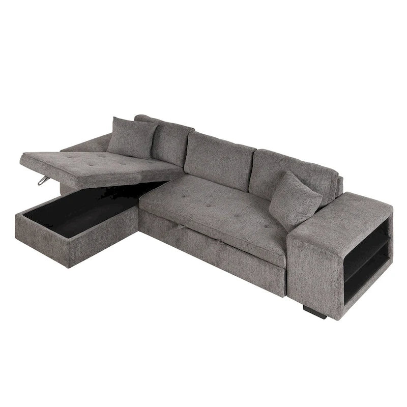 Canapé convertible 3 places en L de 104,5 po gris anthracite avec lit gigogne, méridienne de rangement et 2 poufs pour salon