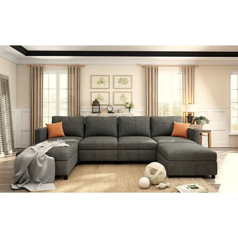 Canapé d'angle modulable 4 places en U gris 123 avec poufs de rangement, facile à monter et à transporter