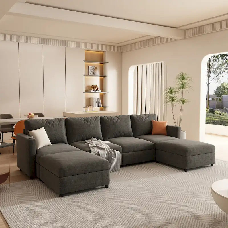 Canapé d'angle modulable 4 places en U gris 123 avec poufs de rangement, facile à monter et à transporter