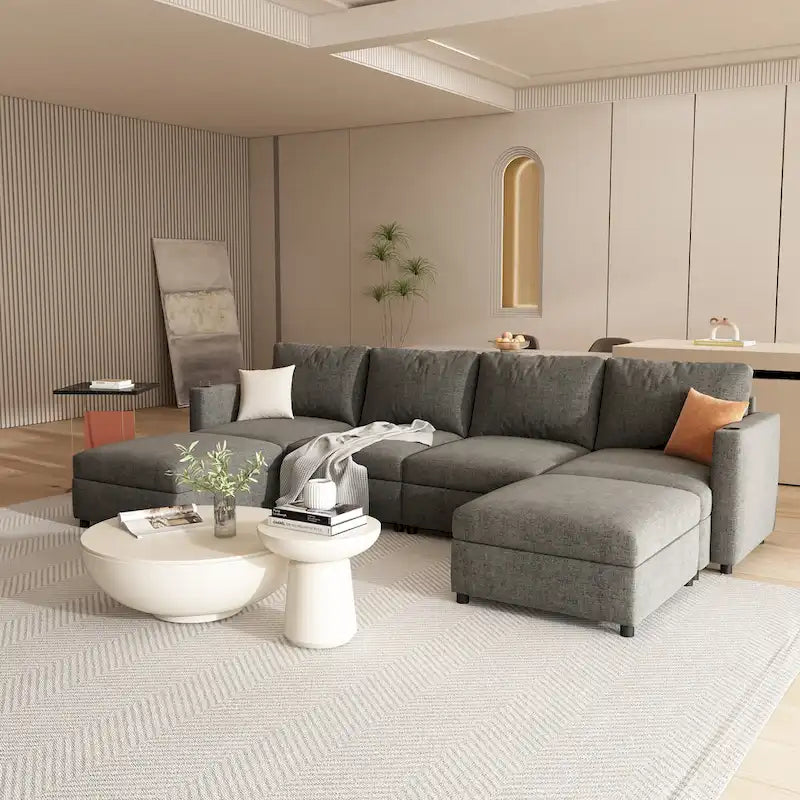 Canapé d'angle modulable 4 places en U gris 123 avec poufs de rangement, facile à monter et à transporter