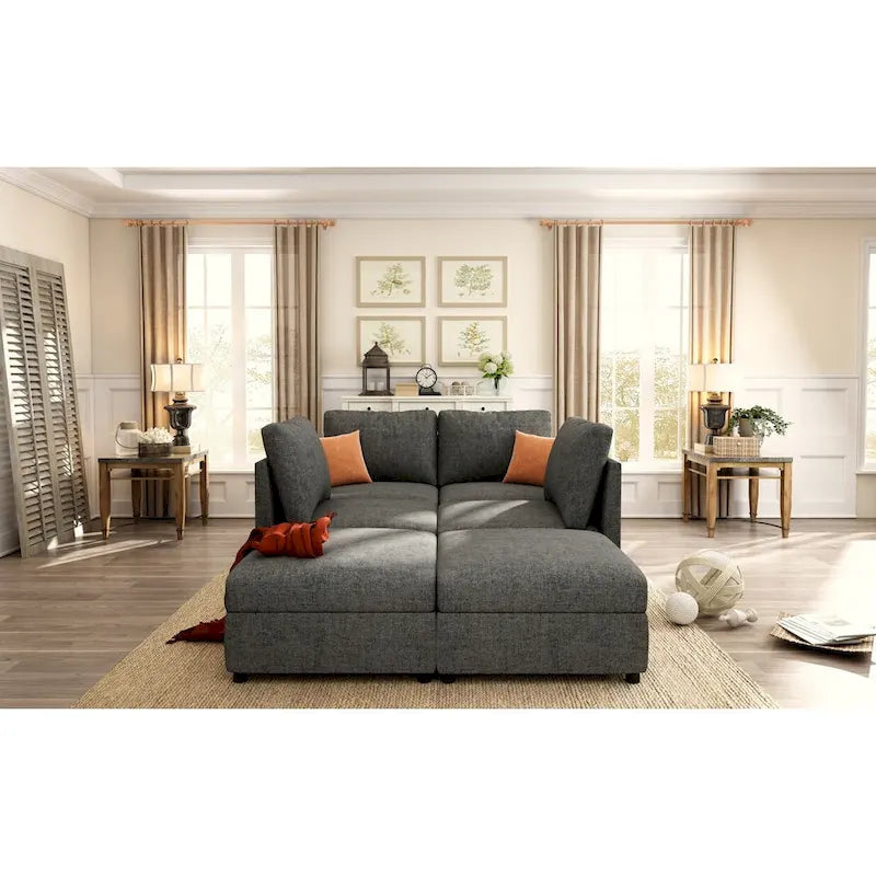 Canapé d'angle modulable 4 places en U gris 123 avec poufs de rangement, facile à monter et à transporter