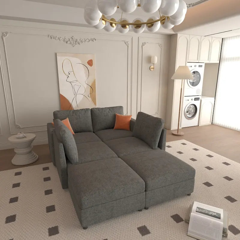 Canapé d'angle modulable 4 places en U gris 123 avec poufs de rangement, facile à monter et à transporter