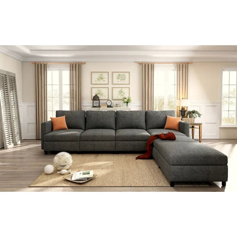 Canapé d'angle modulable 4 places en U gris 123 avec poufs de rangement, facile à monter et à transporter