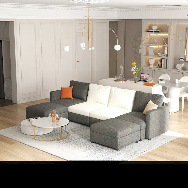 Canapé d'angle modulable 4 places en U gris 123 avec poufs de rangement, facile à monter et à transporter