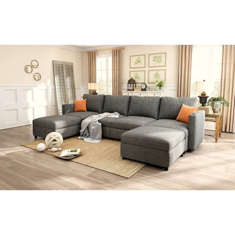 Canapé d'angle modulable 4 places en U gris 123 avec poufs de rangement, facile à monter et à transporter