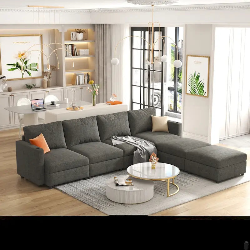 Canapé d'angle modulable 4 places en U gris 123 avec poufs de rangement, facile à monter et à transporter