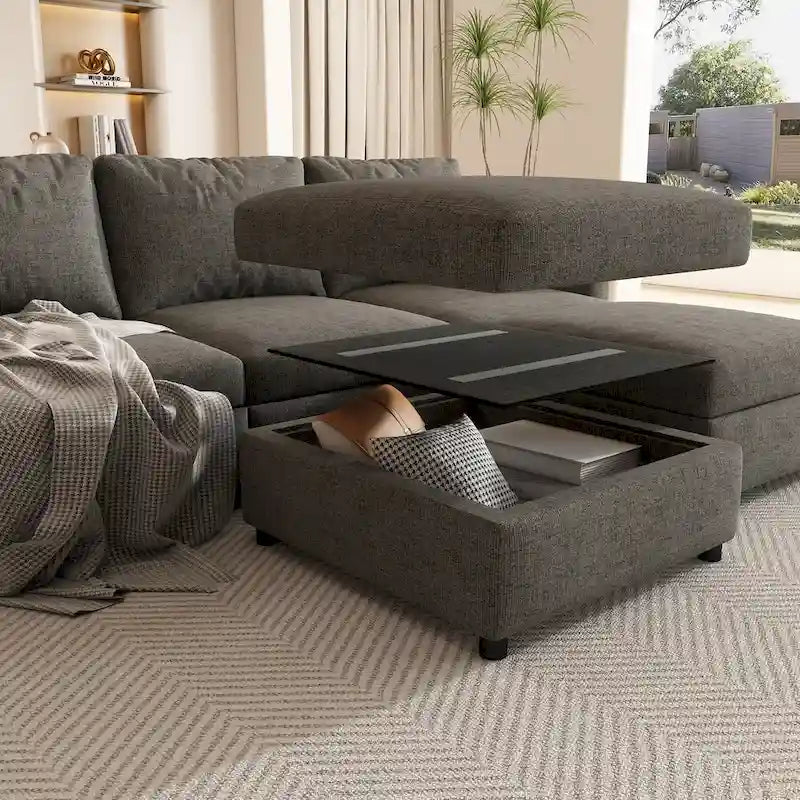 Canapé d'angle modulable 4 places en U gris 123 avec poufs de rangement, facile à monter et à transporter