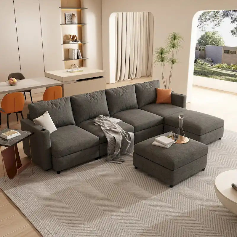 Canapé d'angle modulable 4 places en U gris 123 avec poufs de rangement, facile à monter et à transporter