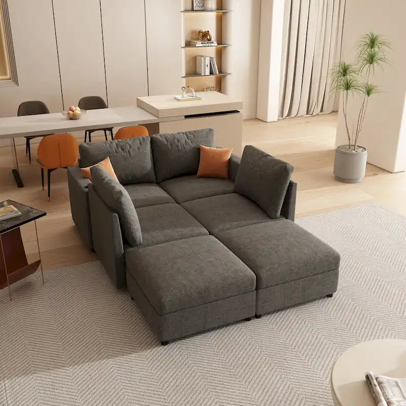 Canapé d'angle modulable 4 places en U gris 123 avec poufs de rangement, facile à monter et à transporter