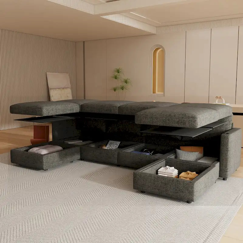 Canapé d'angle modulable 4 places en U gris 123 avec poufs de rangement, facile à monter et à transporter