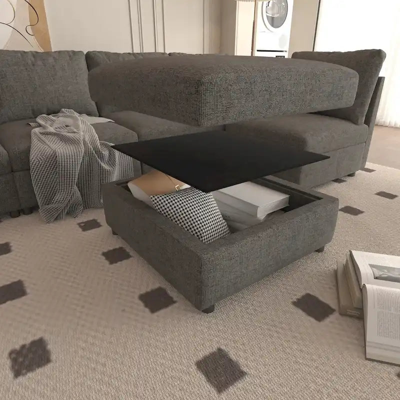 Canapé d'angle modulable 4 places en U gris 123 avec poufs de rangement, facile à monter et à transporter