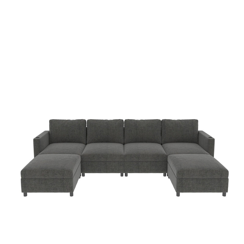 Canapé d'angle modulable 4 places en U gris 123 avec poufs de rangement, facile à monter et à transporter