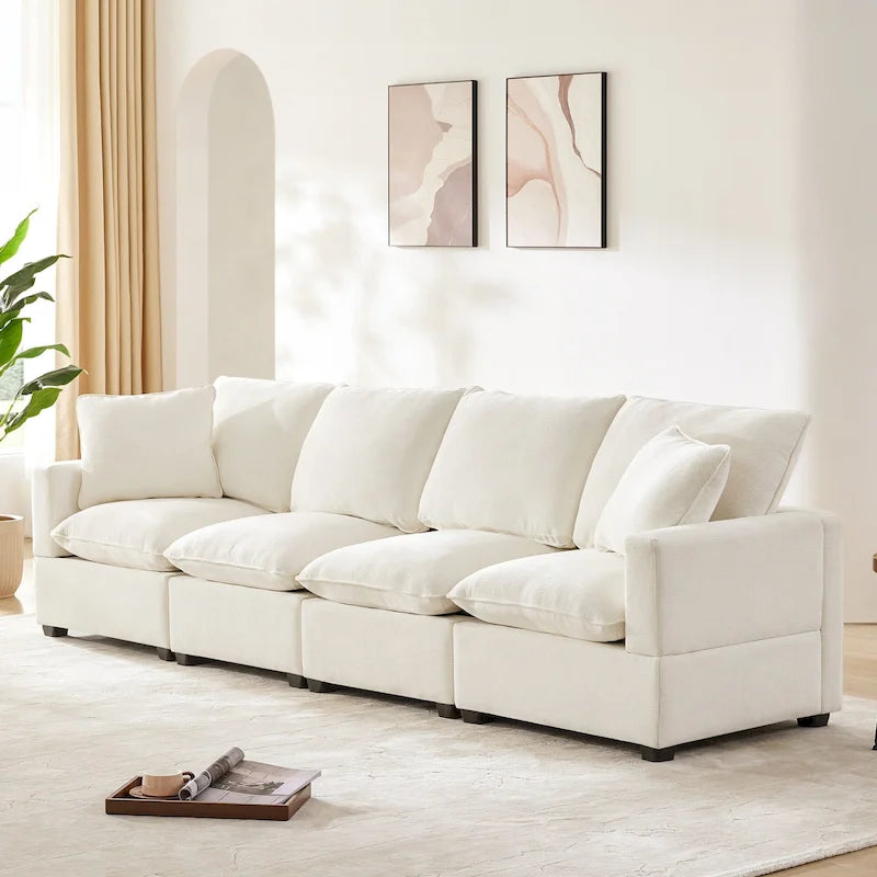 Canapé sectionnel modulaire chenille 4 places blanc 84 avec coussins amovibles et 2 oreillers, parfait pour les petits espaces