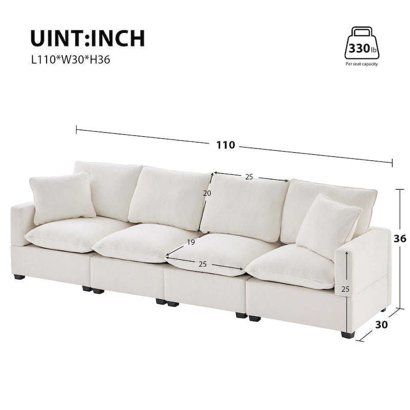 Canapé sectionnel modulaire chenille 4 places blanc 84 avec coussins amovibles et 2 oreillers, parfait pour les petits espaces