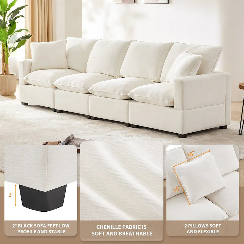 Canapé sectionnel modulaire chenille 4 places blanc 84 avec coussins amovibles et 2 oreillers, parfait pour les petits espaces