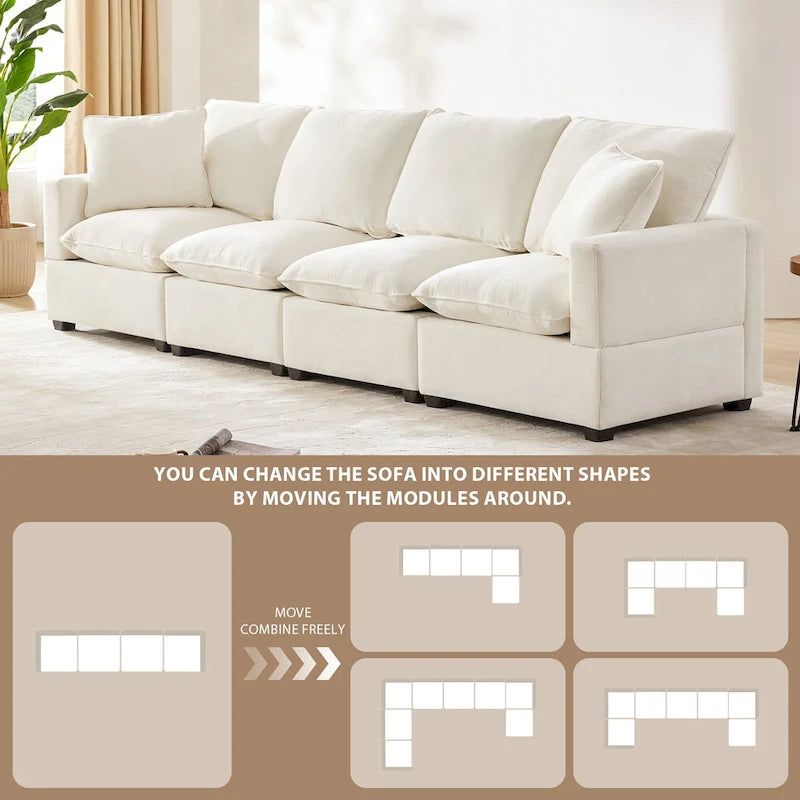 Canapé sectionnel modulaire chenille 4 places blanc 84 avec coussins amovibles et 2 oreillers, parfait pour les petits espaces