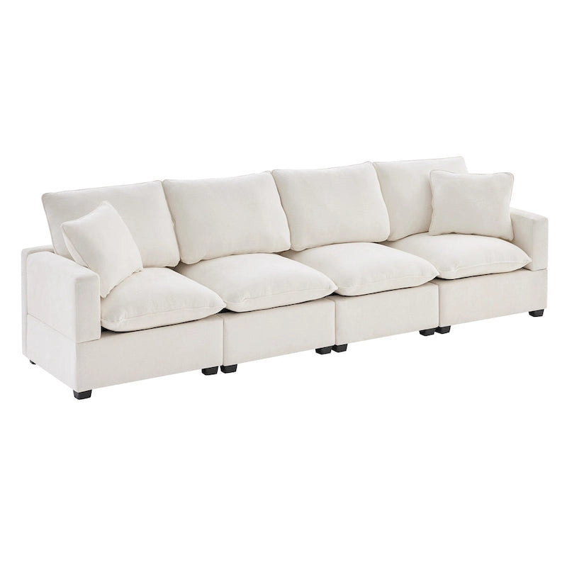 Canapé sectionnel modulaire chenille 4 places blanc 84 avec coussins amovibles et 2 oreillers, parfait pour les petits espaces