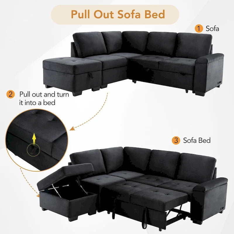 Canapé d'angle convertible 5 places en L 84,75 po avec pouf de rangement, rangement de bras dissimulé et chargement USB pour salon
