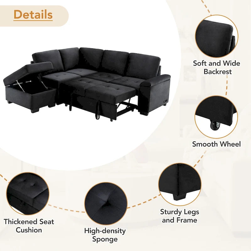 Canapé d'angle convertible 5 places en L 84,75 po avec pouf de rangement, rangement de bras dissimulé et chargement USB pour salon