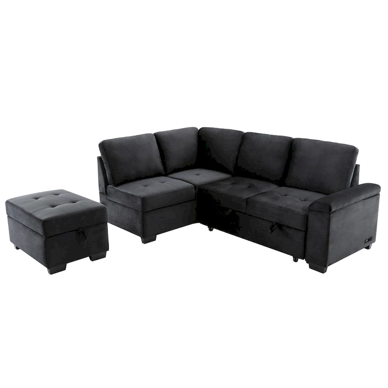 Canapé d'angle convertible 5 places en L 84,75 po avec pouf de rangement, rangement de bras dissimulé et chargement USB pour salon