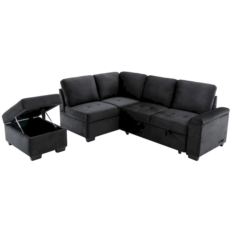 Canapé d'angle convertible 5 places en L 84,75 po avec pouf de rangement, rangement de bras dissimulé et chargement USB pour salon