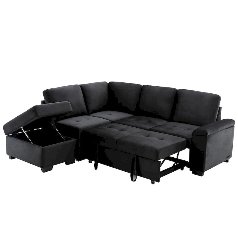 Canapé d'angle convertible 5 places en L 84,75 po avec pouf de rangement, rangement de bras dissimulé et chargement USB pour salon