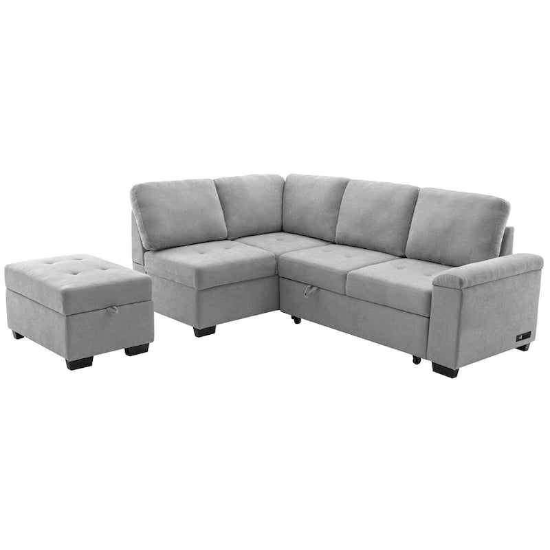 Canapé d'angle convertible 5 places en L 84,75 po avec pouf de rangement, rangement de bras dissimulé et chargement USB pour salon