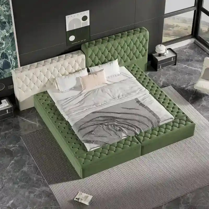 Lit plateforme rembourré de forme spéciale King avec rangement
